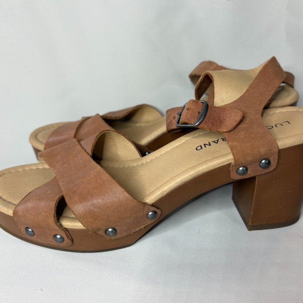 Lucky Brand Haidlee Tan Leather  Slingback Buckle Women Sandals Sz 6.5